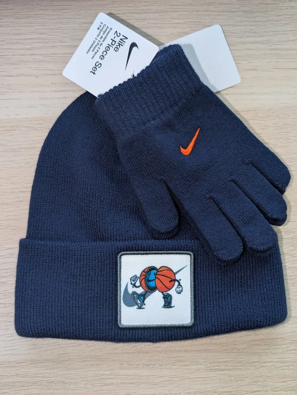 Nike Youth Navy Beanie & Gloves Set with Orange Swoosh
